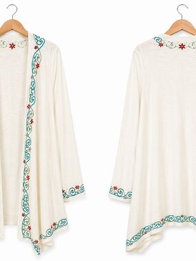 Embroidered Cream Open Front Cardigan Kimono | Size L